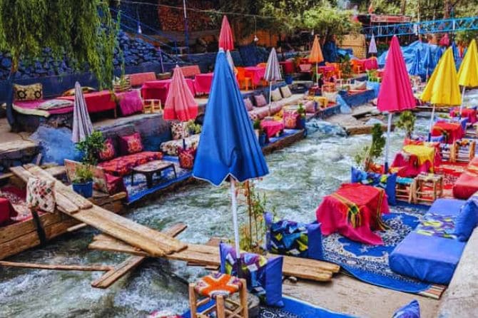 Traditional Moroccan meal served at a riverside restaurant in Ourika.