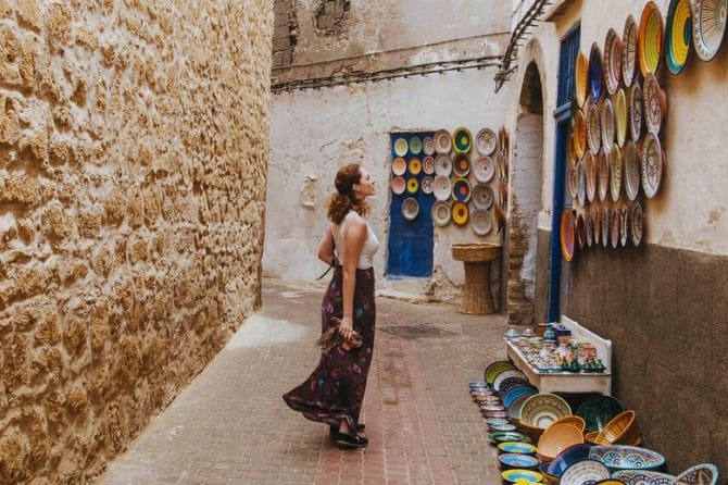 Colorful market stalls in the UNESCO-listed Medina of Essaouira.