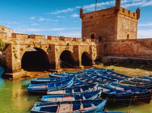 Traditional blue fishing boats docked at Essaouira’s harbor.